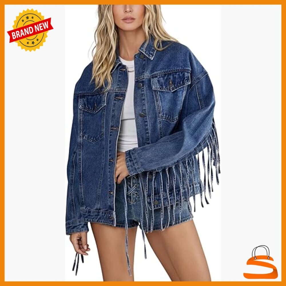 Oversized Denim Jacket with Fringe Tassels, Loose Fit, Button Front